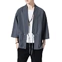 Men's Japanese Kimono Cardigan Loose Cotton Linen 3/4 Sleeve Open Front Casual Summer Shirt Jackets