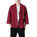Men's Japanese Kimono Cardigan Loose Cotton Linen 3/4 Sleeve Open Front Casual Summer Shirt Jackets
