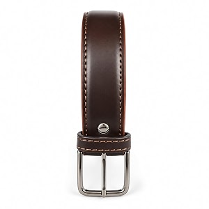 Mens Leather Belt Black Silver-Tone Buckle Stitched
