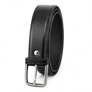 Mens Leather Belt Black Silver-Tone Buckle Stitched