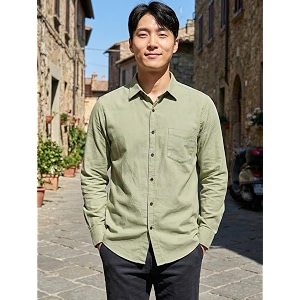 Mens Long Sleeve Dress ShirtOlive Green Button