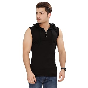 Mens Solid Half Zipper Hooded Sleeveless T-Shirt