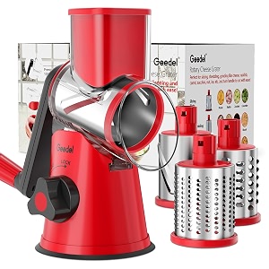 geedel rotary hand crank cheese grater vegetable slicer  3 blades 430 stainless steel 12x fast cutting strong suction base bpa-free dishwasher safe for cheese