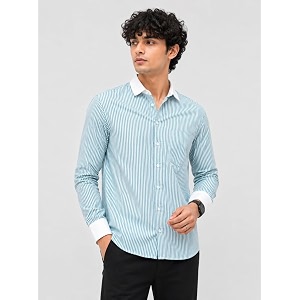 Mens Striped Casual Shirt White Collar