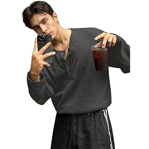 Mens Textured Fabric Solid Half-Open Collar Henley