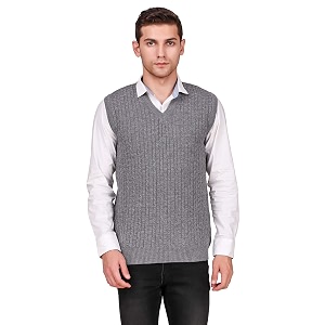 Mens Wool Blend V-Neck Self Design Solid