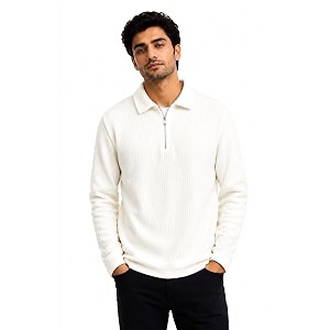 Mens Beige Textured Quarter Zip Polo T-Shirt