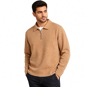 Mens Beige Textured Quarter Zip Polo T-Shirt