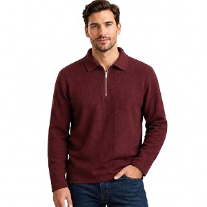 Mens Beige Textured Quarter Zip Polo T-Shirt