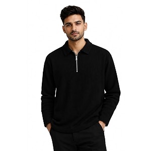 Mens Beige Textured Quarter Zip Polo T-Shirt