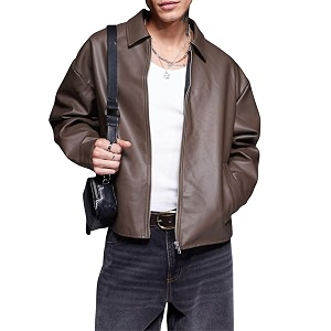 Mens Oversized Faux Leather Jacket Brown PU