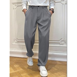mens relaxed straight leg loose fit pleated trousers  mid-rise formal pants with zip fly amp button closure  solid regular length office wear trousers
