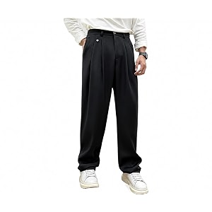 mens relaxed straight leg loose fit pleated trousers  mid-rise formal pants with zip fly amp button closure  solid regular length office wear trousers