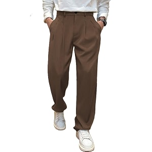 mens relaxed straight leg loose fit pleated trousers  mid-rise formal pants with zip fly amp button closure  solid regular length office wear trousers