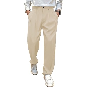 mens relaxed straight leg loose fit pleated trousers  mid-rise formal pants with zip fly amp button closure  solid regular length office wear trousers