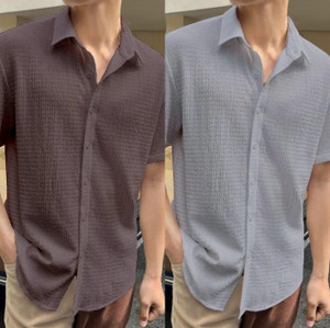 tigersnake men self design casual brown grey shirt