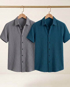 tigersnake men self design casual grey dark blue shirt
