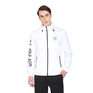 Men White Placement Brand Print Hooded Polyester
