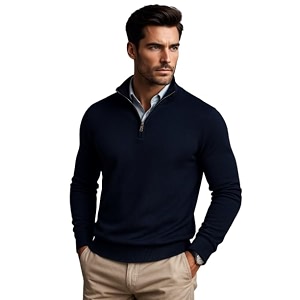 Men Woolen High Neck Half Zip Full
