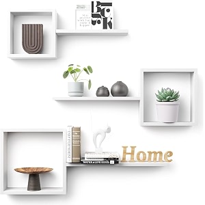 wooden wall hanging cube shape shelf  wall mount set of 3 cube wall shelves for wall decor floating box shelves living room bathroom office off-white