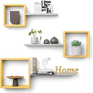 wooden wall hanging cube shape shelf  wall mount set of 3 cube wall shelves for wall decor floating box shelves living room bathroom office yellow grey