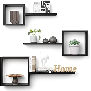 the menifest  wooden wall hanging cube shape shelf  wall mount set of 3 cube wall shelves for wall decor floating box shelves living room bathroom office black-glossy