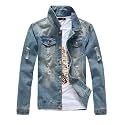 Mens Classic Ripped Motorcycle Denim Jacket With Hole