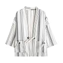 Mens Japanese Kimono Cardigan Cotton Linen Haori Fashion 3/4 Sleeve Yukata