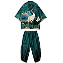 Mens Kimono Set 3/4 Sleeve Haori And Shorts Casual 2 Piece Japanese Outfits