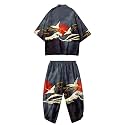 Mens Kimono Set 3/4 Sleeve Haori And Shorts Casual 2 Piece Japanese Outfits