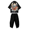 Mens Kimono Set Japanese Kimono Shirt &amp; Shorts 2 Piece Summer Beach Outfits
