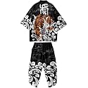 Mens Kimono Set Japanese Kimono Shirt &amp; Shorts 2 Piece Summer Beach Outfits