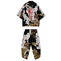 Mens Kimono Set Japanese Kimono Shirt &amp; Shorts 2 Piece Summer Beach Outfits