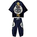 Mens Kimono Set Japanese Kimono Shirt &amp; Shorts 2 Piece Summer Beach Outfits