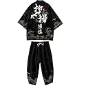 Mens Kimono Set Japanese Kimono Shirt &amp; Shorts 2 Piece Summer Beach Outfits