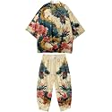 Mens Kimono Set Japanese Kimono Shirt &amp; Shorts 2 Piece Summer Beach Outfits