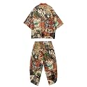 Mens Kimono Set Japanese Kimono Shirt &amp; Shorts 2 Piece Summer Beach Outfits
