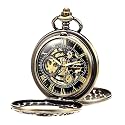 TREEWETO Mens Mechanical Pocket Watch Dream Dragon Skeleton Half Hunter Double Open Silver/Bronze/Black Case for Man