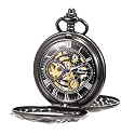TREEWETO Mens Mechanical Pocket Watch Dream Dragon Skeleton Half Hunter Double Open Silver/Bronze/Black Case for Man