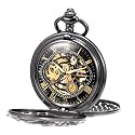 TREEWETO Mens Mechanical Pocket Watch Dream Dragon Skeleton Half Hunter Double Open Silver/Bronze/Black Case for Man