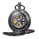 TREEWETO Mens Mechanical Pocket Watch Dream Dragon Skeleton Half Hunter Double Open Silver/Bronze/Black Case for Man