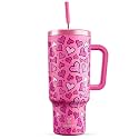 Meoky 40 oz Tumbler with Handle and Straw: Stainless Steel Insulated Tumbler with Lid and Straw - 100% Leak Proof Tumbler for Car Cup Holders - Travelers Commuters Workers, Blush Heart