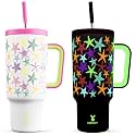 Meoky 40 oz Tumbler with Handle and Straw: Glow in the Dark Tumbler with Lid and Straw - Stainless Steel Insulated Tumbler for Car Cup Holders - Travelers Commuters Workers (1 Pack, Starflish)