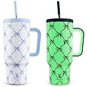 Meoky Glow in the Dark Tumbler: 40 oz Tumbler with Handle and Straw- Stainless Steel Insulated Tumbler for Car Cup Holders - Travelers Commuters Workers (1 Pack, Blue Bow)