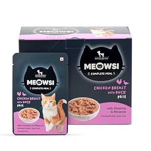 meowsi by huft chicken breast with duck pate wet cat food - 80 gm  pack of 6  delicious soft amp hydrating food all breeds  enriched with essential nutrients for growth amp wellness