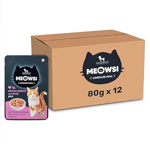 meowsi by huft chicken breast with duck pate wet cat food - 80 gm  pack of 12  delicious soft amp hydrating food all breeds  enriched with essential nutrients for growth amp wellness