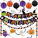 meowtastic Halloween Birthday Decorations - Happy Birthday Banner with Honeycomb Ball, Halloween Hanging Swirl Streamer, Circle Dot Garland Decorations - Halloween theme Birthday Party Decoration