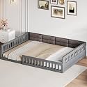 Merax Full Size Upholstered Platform Bed with Guardrail & Pillow, Solid Pine Wood Bed Frame, No Box Spring Needed, 600 lbs Capacity Safety Guaranteed Easy to Assemble for Bedroom, Gray