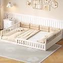Merax Full Size Upholstered Platform Bed with Guardrail & Pillow, Solid Pine Wood Bed Frame, No Box Spring Needed, 600 lbs Capacity Safety Guaranteed Easy to Assemble for Bedroom, Beige