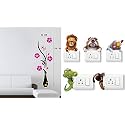 Merical Flower Vase Magenta and Animals Switch Board Wall Sticker for Living Room, Hall, Bedroom (Material: PVC Vinyl)